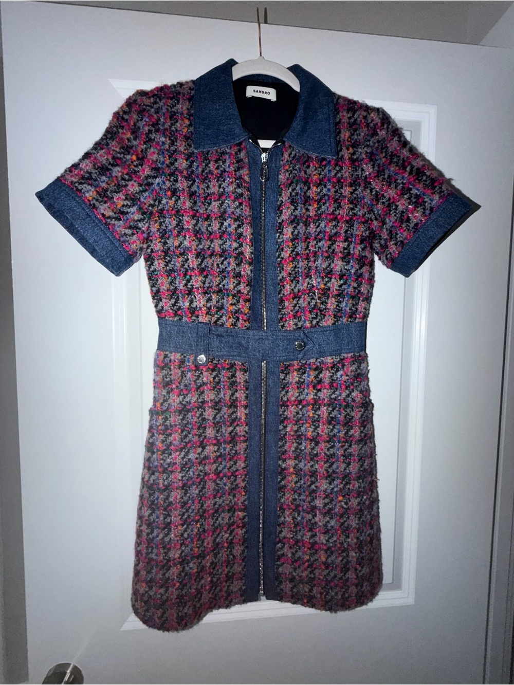 Sandro Pink & Blue Tweed Short-Sleeve Dress with Denim Trim - Picture 4 of 5